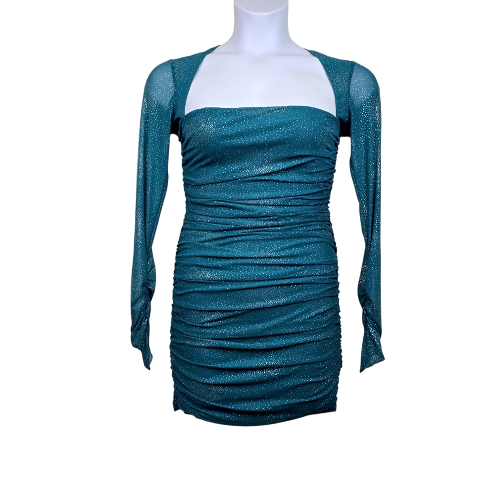 Lucy In The Sky Womens Long Sleeve Glitter Teal Mesh Bodycon Mini Dress Size L